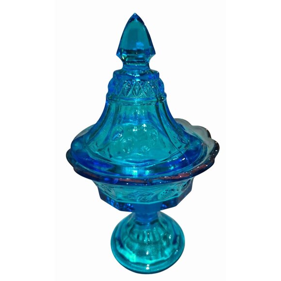 Tiara Indiana Vintage Blue Pressed Glass Covered Candy Dish With Pedestal - Picture 1 of 9